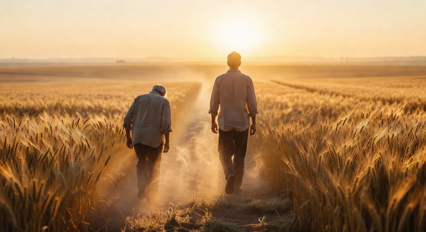 Persona caminando hacia la luz del amanecer en un campo abierto, representando libertad y restauración