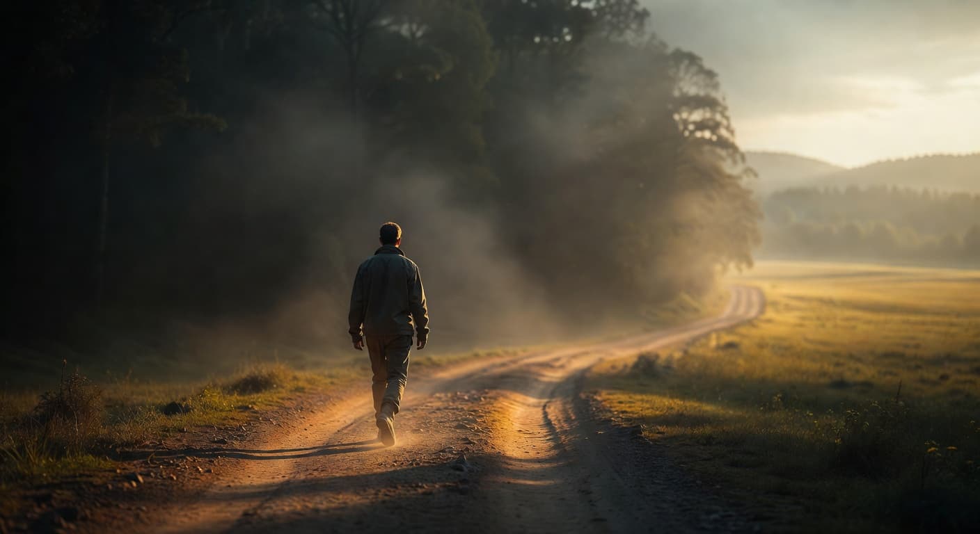 Persona caminando sola por un sendero iluminado al amanecer, dejando atrás la niebla