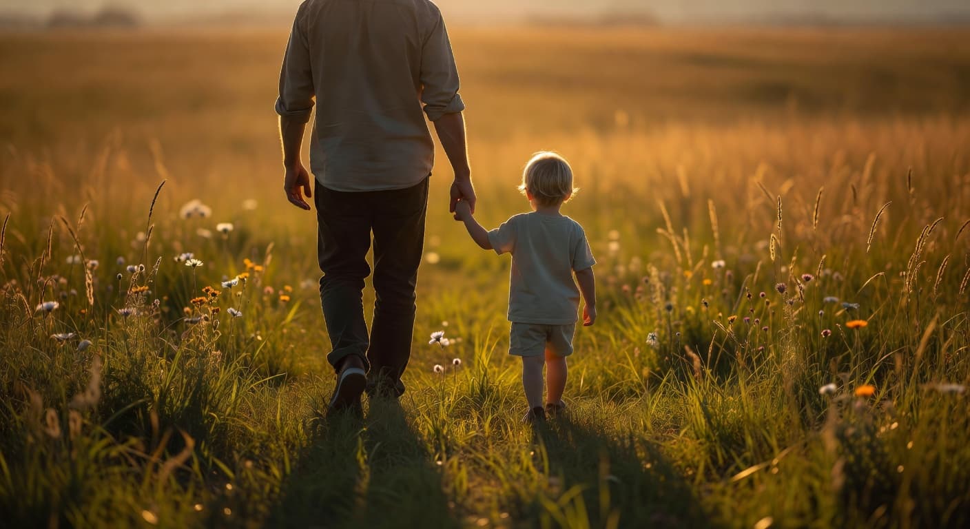 Una mano adulta sosteniendo la mano pequeña de un niño mientras caminan juntos al atardecer