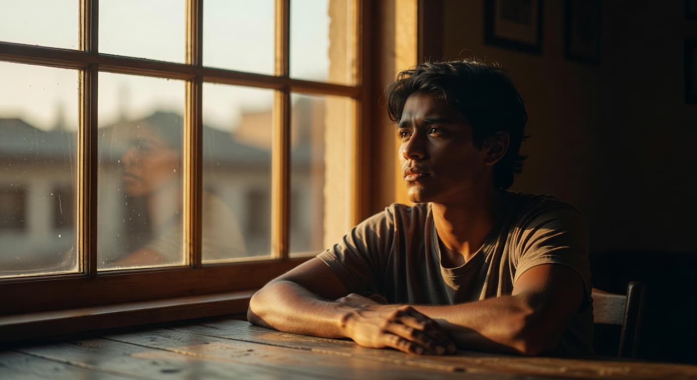 Persona pensativa con los brazos descubiertos mirando hacia una ventana con luz cálida