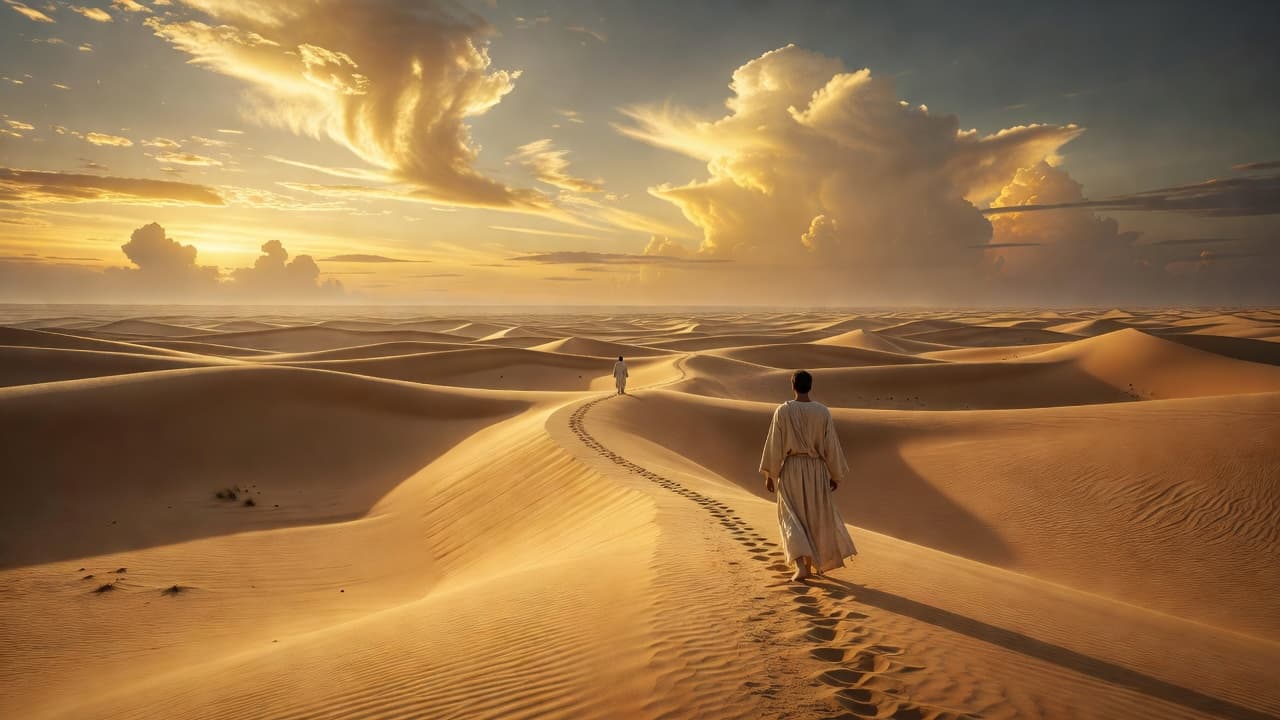 Paisaje desértico con luz dorada del amanecer iluminando un camino entre dunas de arena