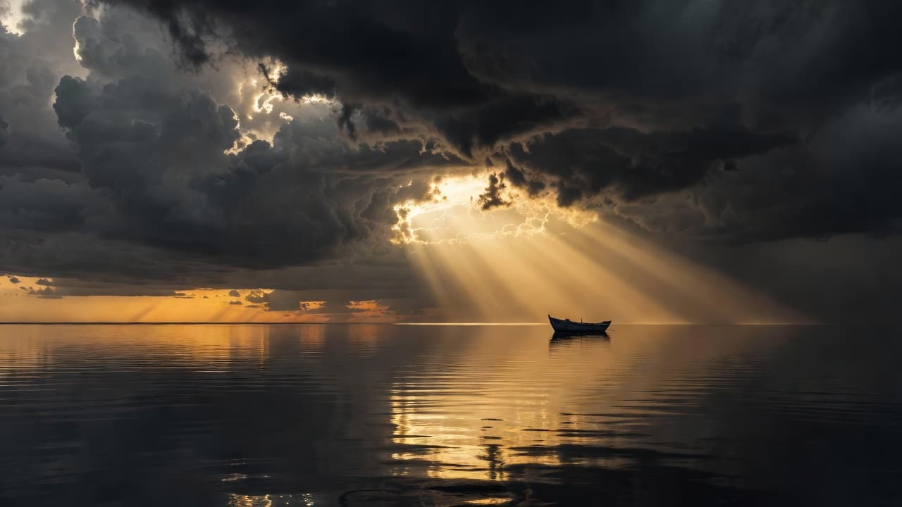 Cielo dramático con nubes oscuras abriéndose para dejar pasar un rayo de luz dorada sobre un paisaje de agua en calma