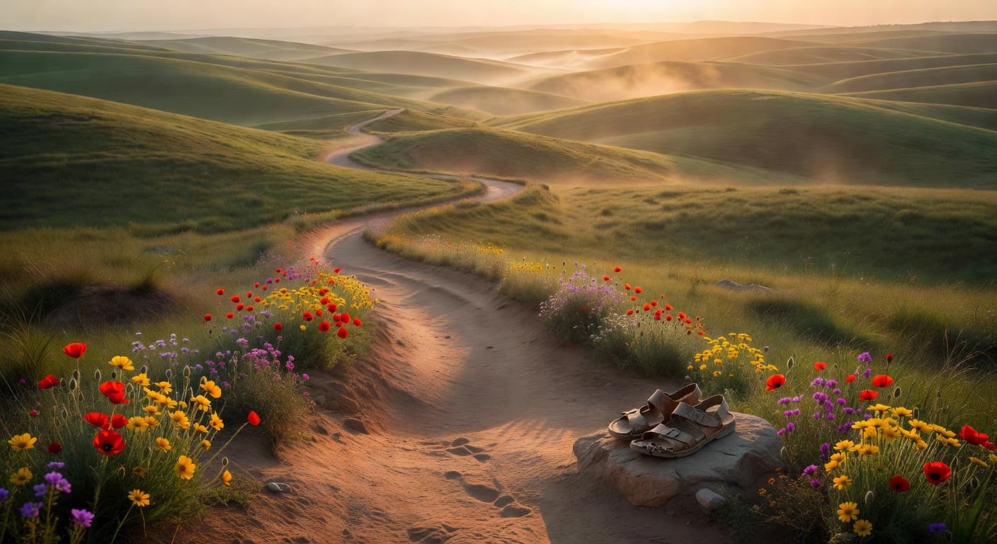 Camino de tierra iluminado por el amanecer entre colinas verdes, evocando un viaje transformador
