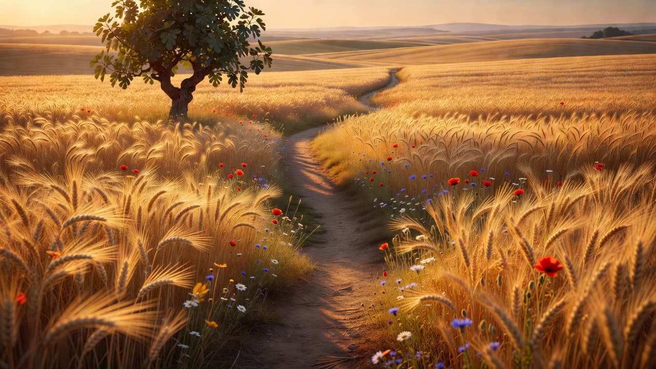 Campo de trigo iluminado por la luz dorada del atardecer, evocando las historias agrícolas que Jesús usaba para enseñar