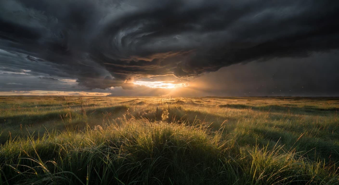 Luz del amanecer atravesando nubes oscuras sobre un paisaje abierto, evocando esperanza después del dolor