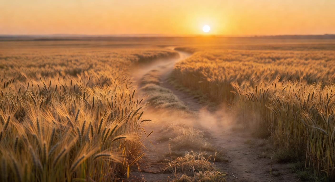 Amanecer dorado sobre un campo abierto con un camino que se extiende hacia el horizonte