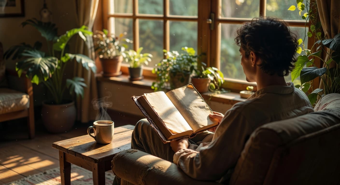 Persona sentada junto a una ventana con luz cálida, leyendo tranquilamente