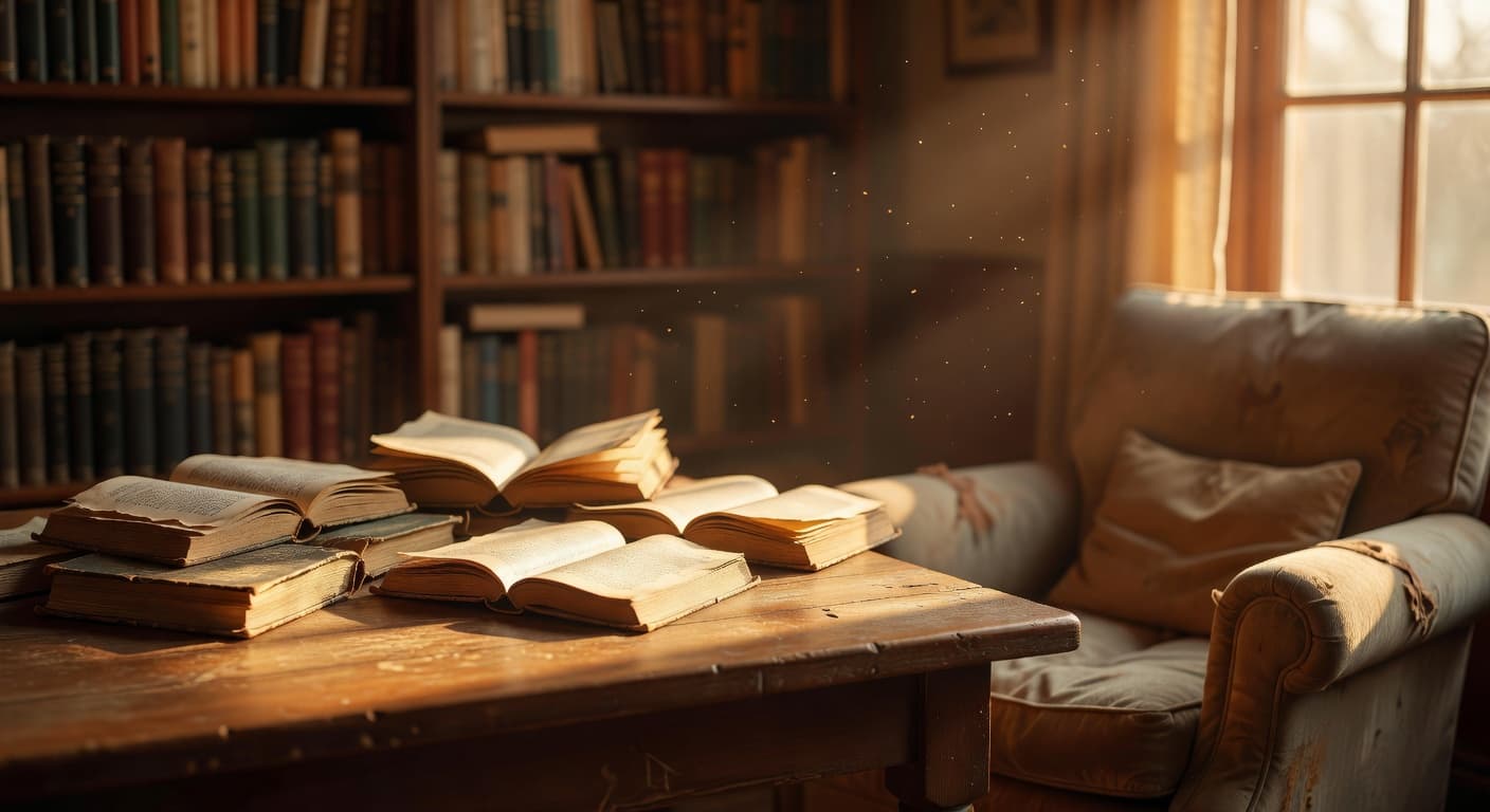 Estantería iluminada por luz cálida con libros antiguos abiertos, evocando sabiduría y descubrimiento