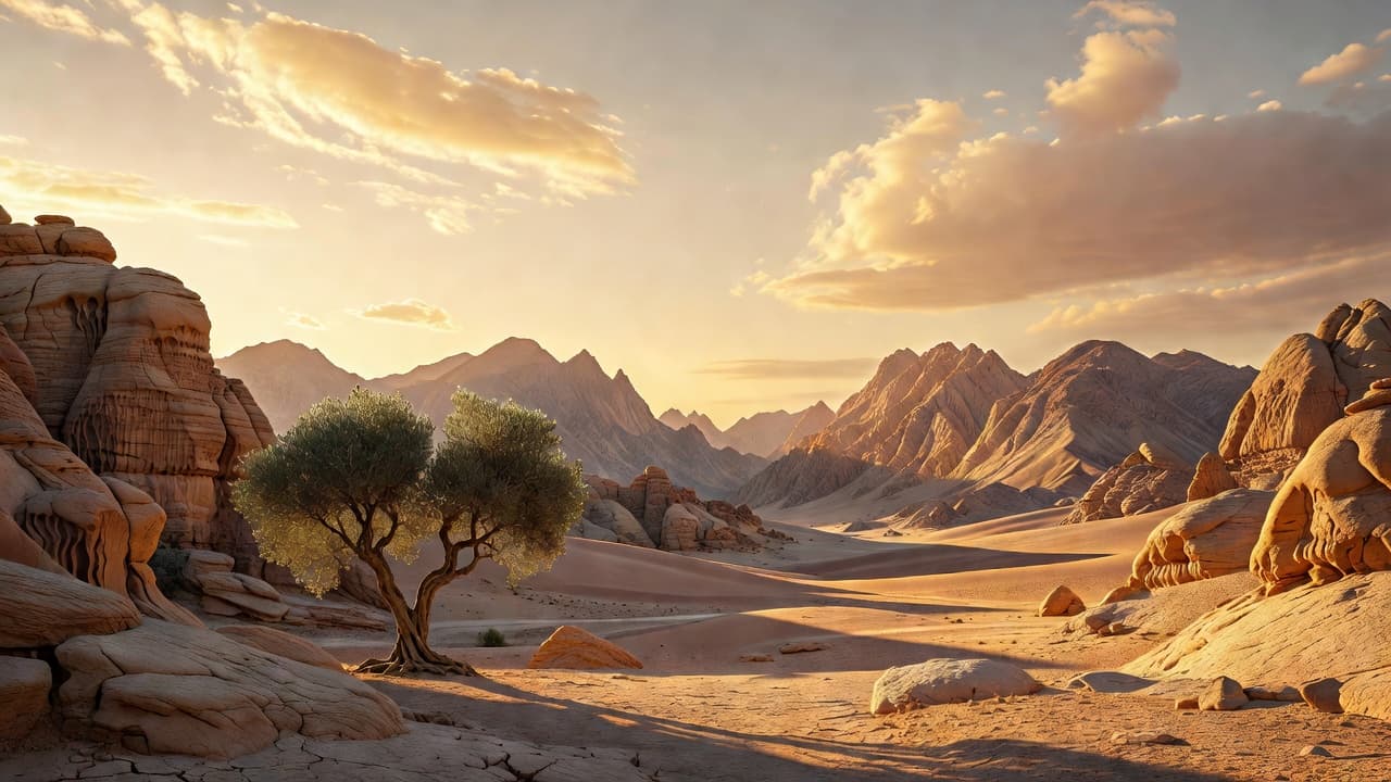 Paisaje desértico con montañas al amanecer bañado en luz dorada