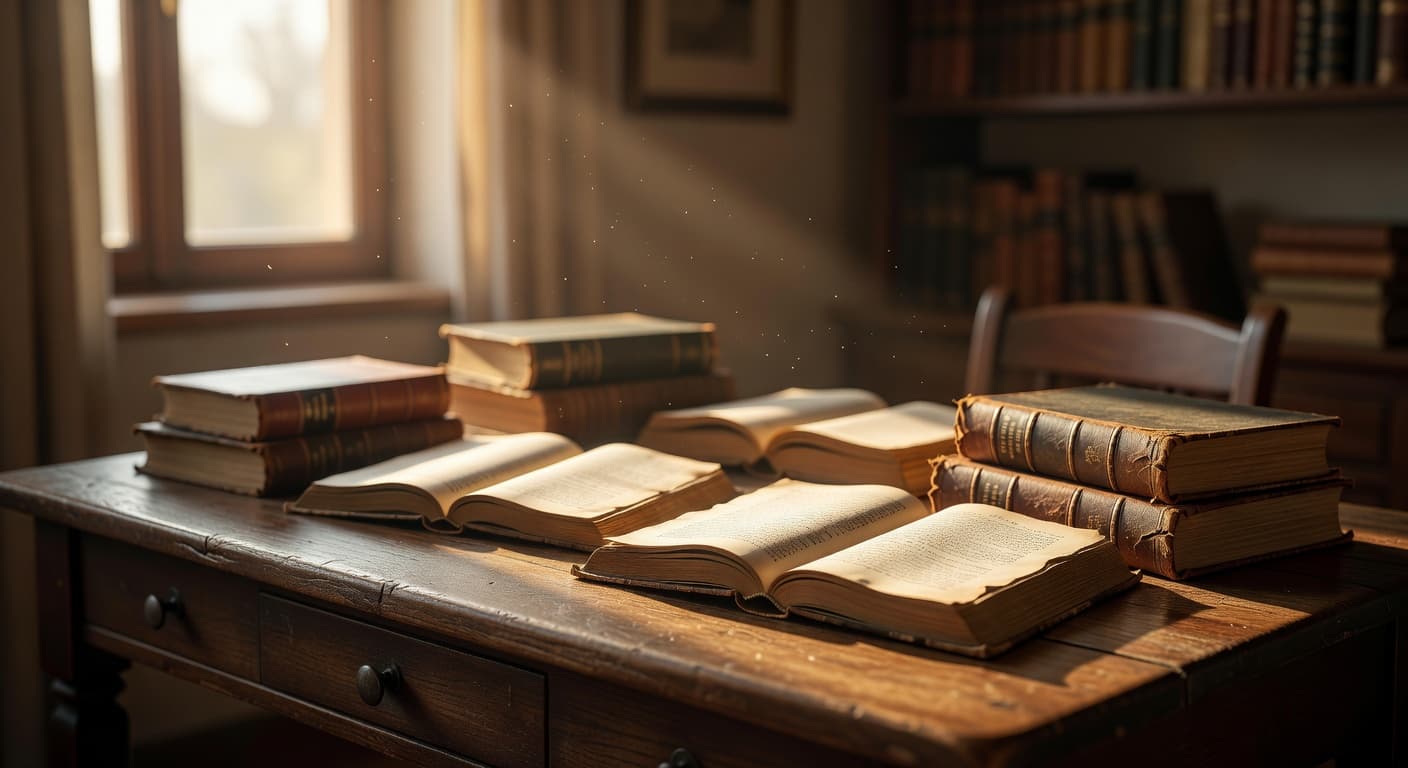Estantes de una biblioteca antigua iluminados por luz cálida que entra por una ventana