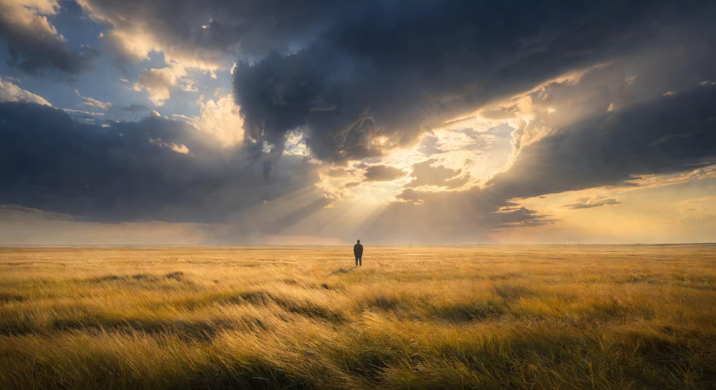 Amanecer cálido sobre un campo abierto con luz dorada atravesando las nubes, evocando esperanza en medio de la tormenta
