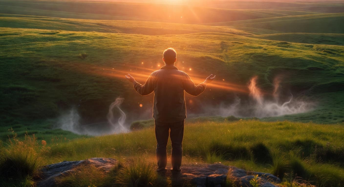 Persona en paz con los brazos abiertos recibiendo la luz del amanecer en la naturaleza