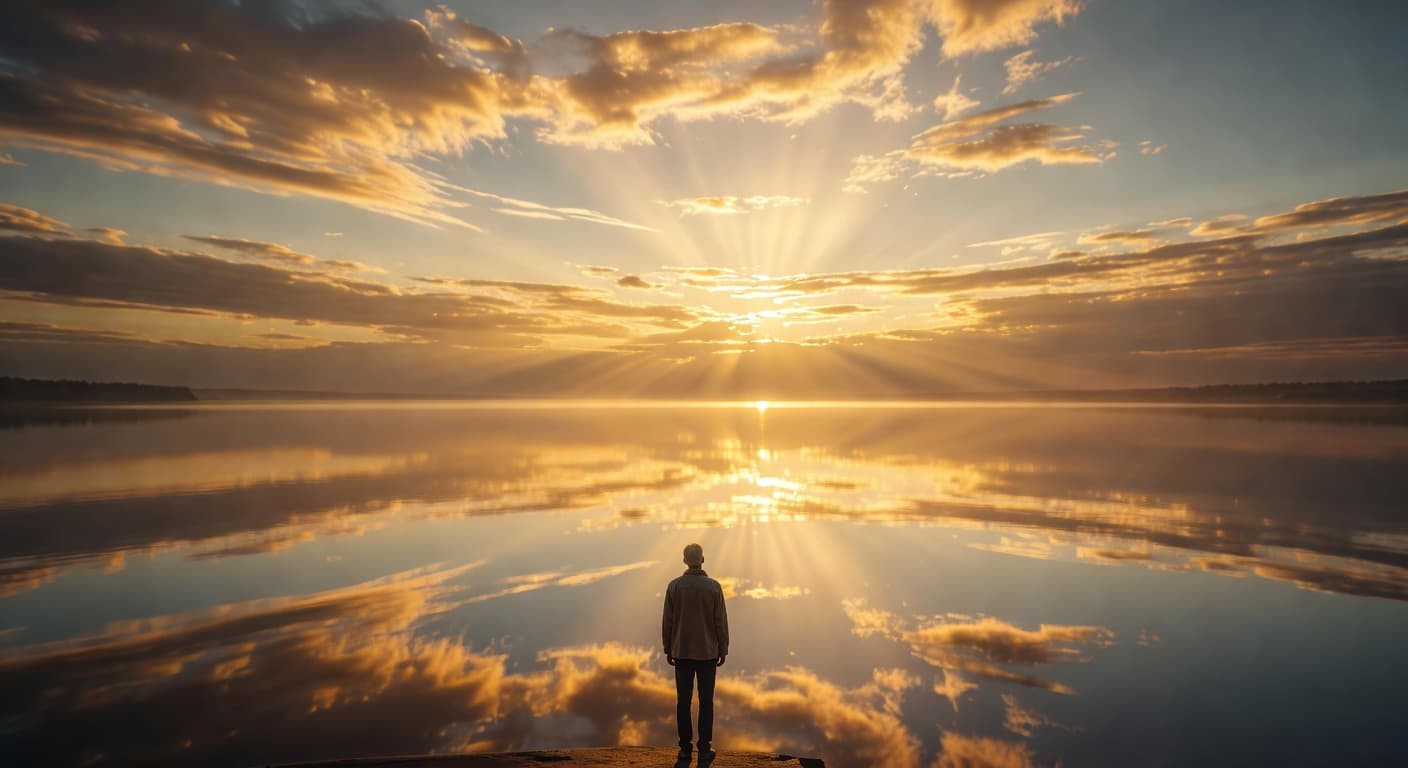 Amanecer dorado sobre un horizonte abierto con luz cálida que atraviesa las nubes