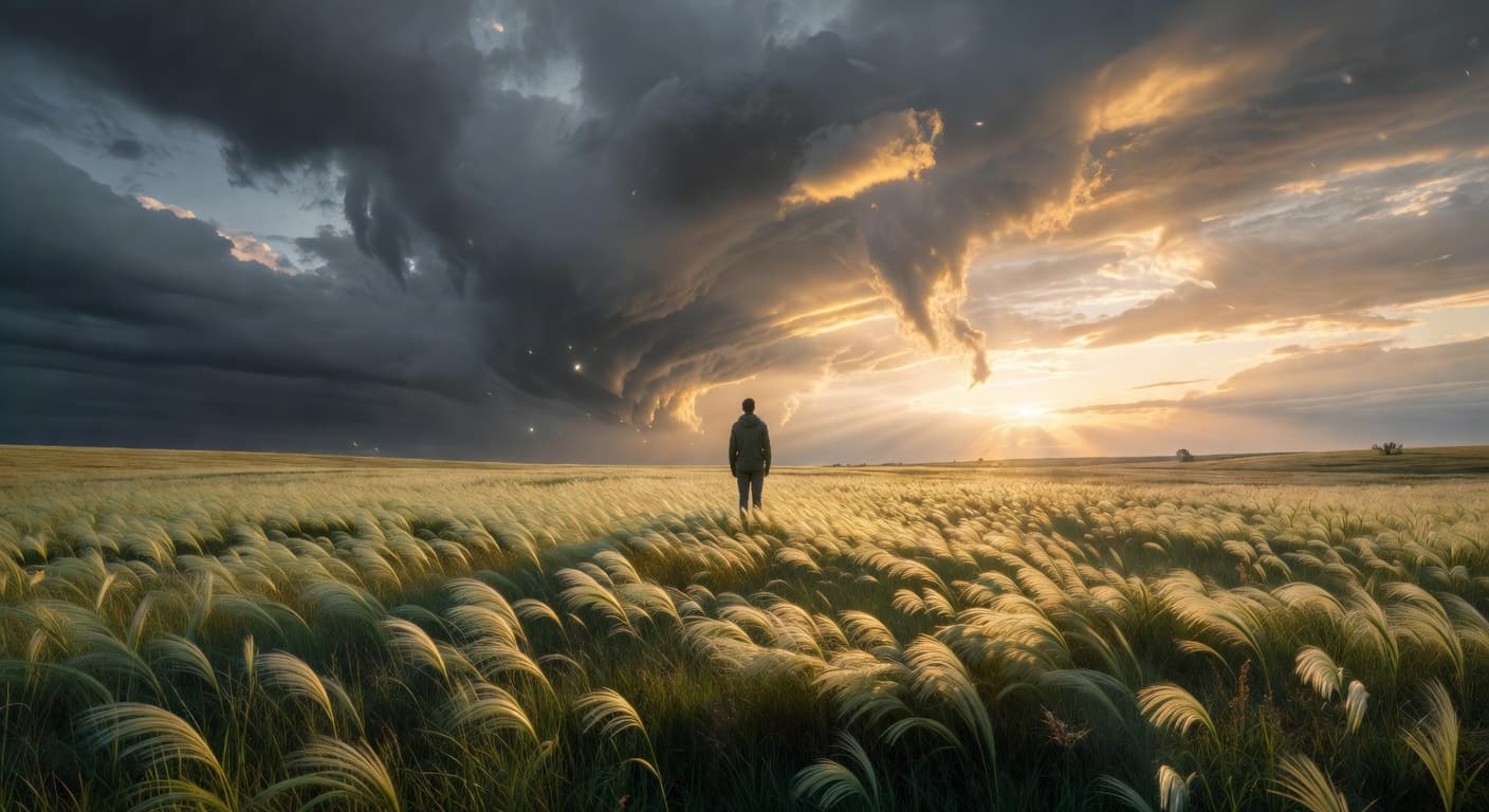 Amanecer cálido sobre un campo abierto, evocando paz y esperanza después de la tormenta