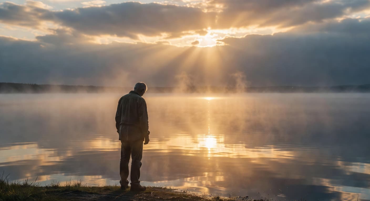 Persona de pie frente a un amanecer con los brazos relajados, mirando hacia la luz que rompe entre las nubes