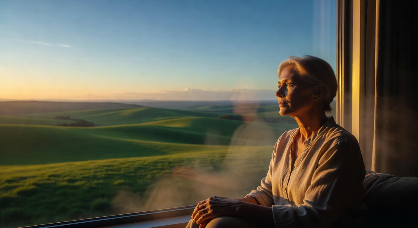 Persona sentada frente a una ventana con luz cálida entrando al amanecer, evocando esperanza en medio del dolor