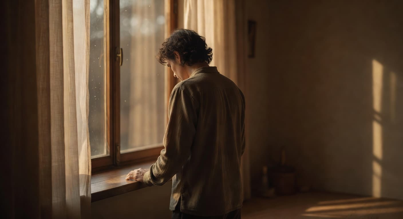 Persona de espaldas mirando hacia una ventana iluminada por luz cálida, en un momento de reflexión profunda