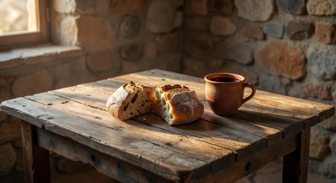 Mesa con pan y copa de vino iluminada por luz cálida al atardecer