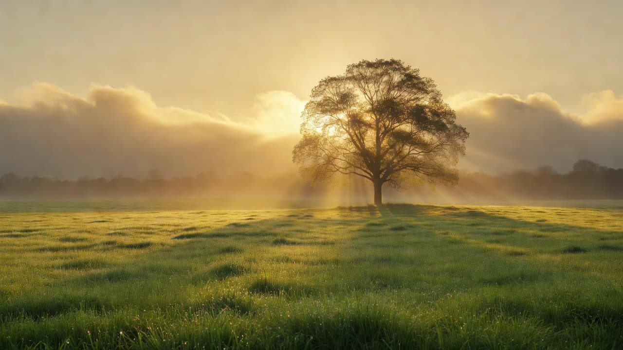 Amanecer dorado sobre un campo abierto con luz cálida que atraviesa las nubes