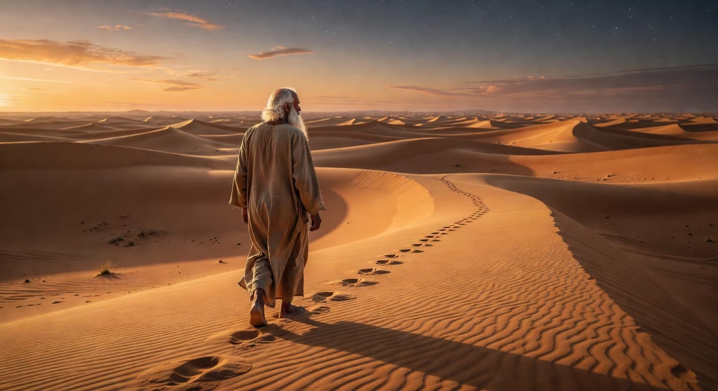 Anciano caminando por un paisaje desértico al atardecer con luz dorada