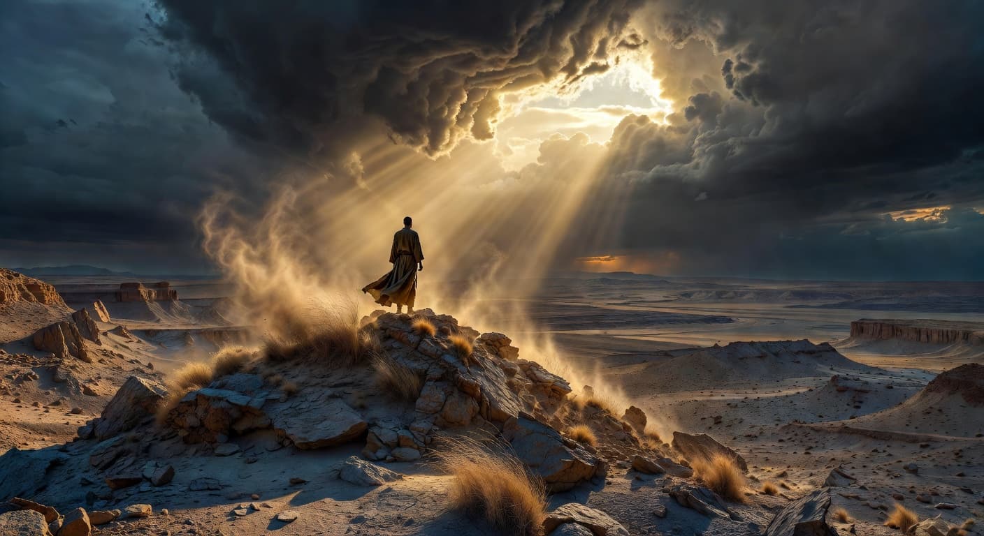 Paisaje montañoso con cielo dramático y rayos de luz atravesando nubes oscuras sobre un terreno árido