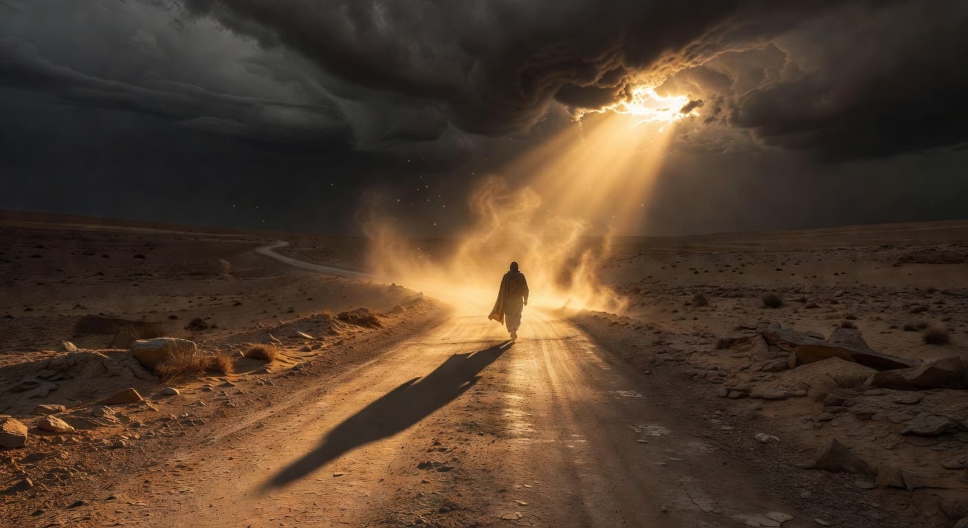 Camino de tierra iluminado por una luz intensa que atraviesa las nubes en un paisaje desértico del Medio Oriente