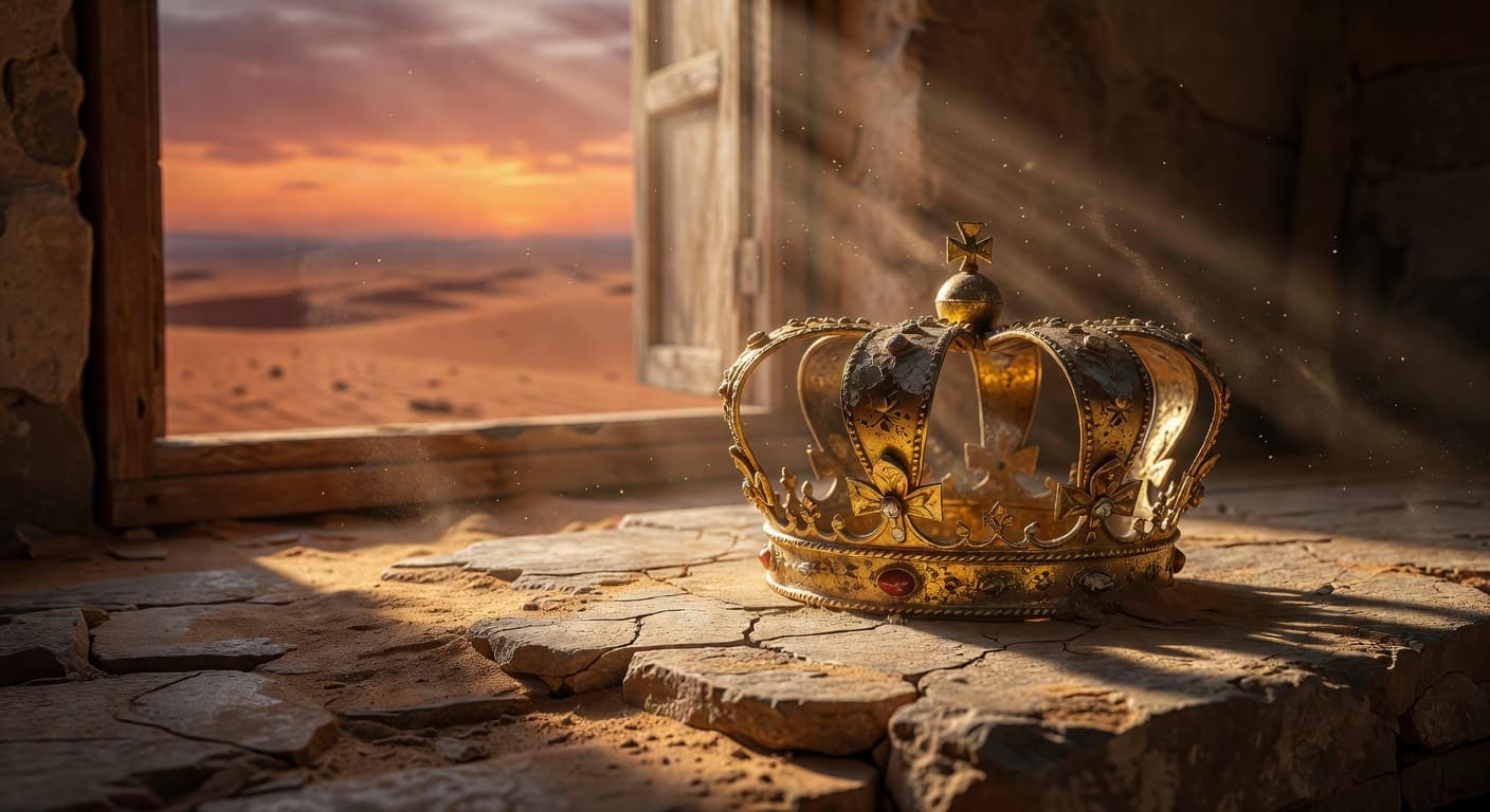 Corona dorada sobre una superficie de piedra iluminada por luz cálida al atardecer