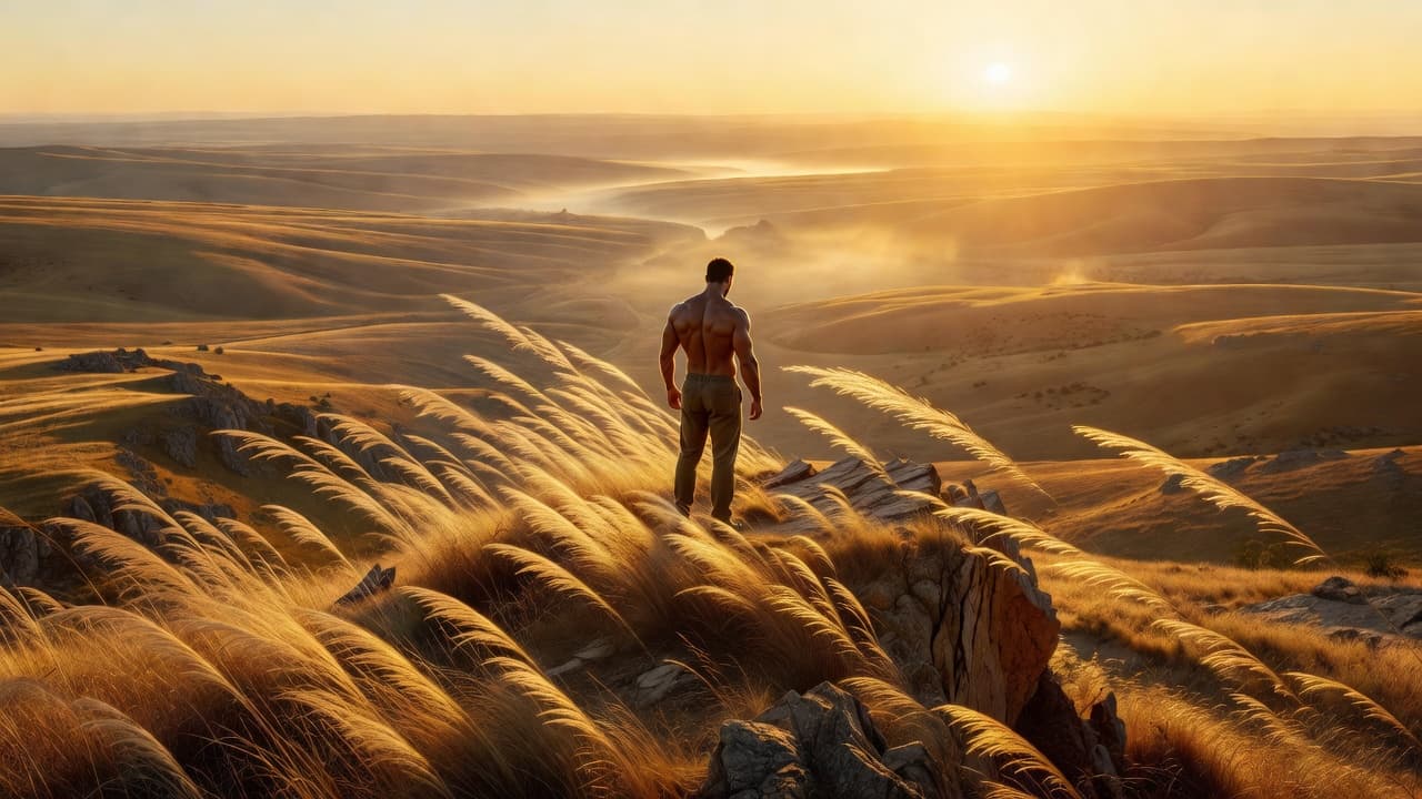 Paisaje montañoso con luz dorada del amanecer que evoca fuerza y fragilidad a la vez
