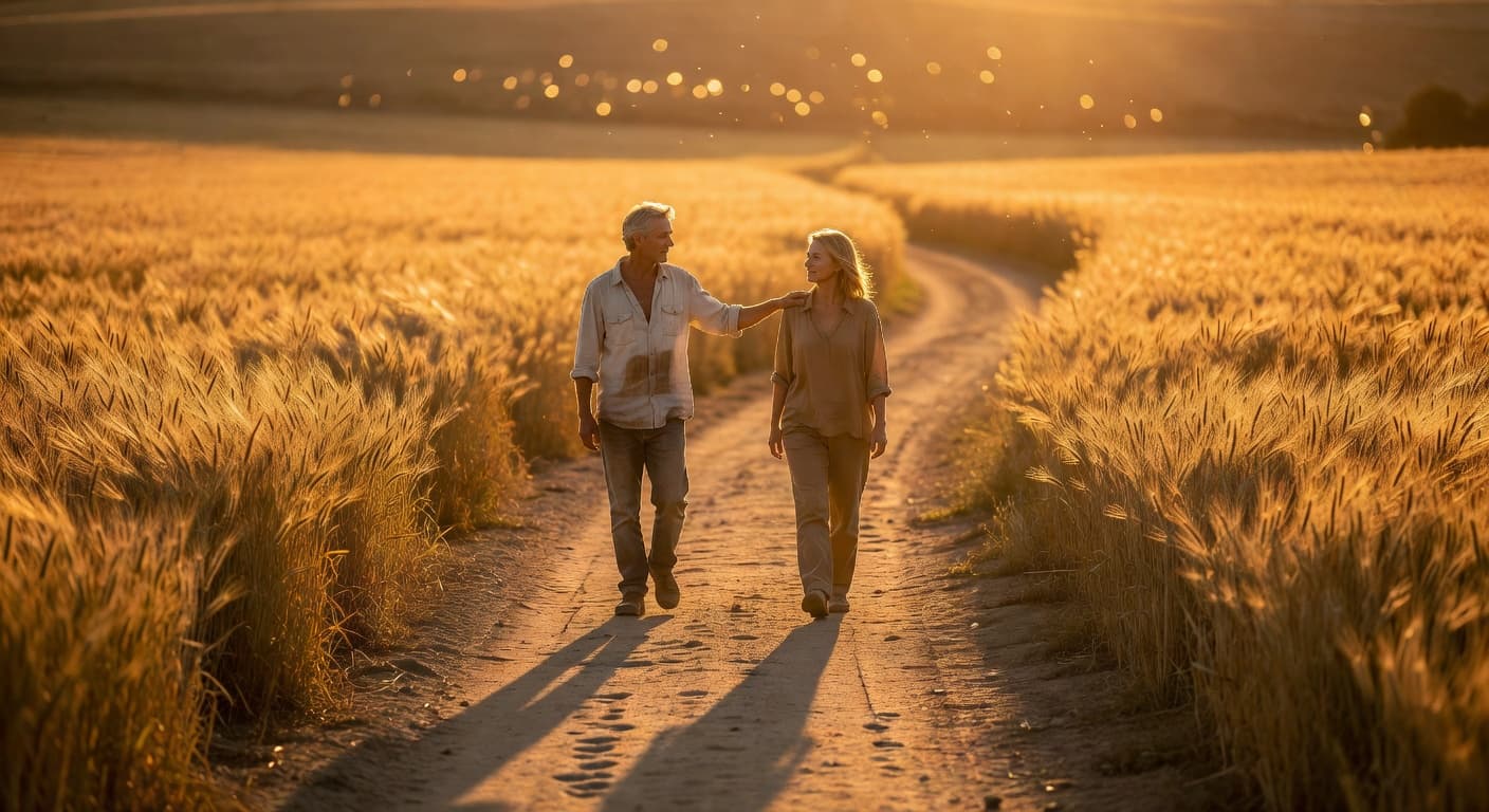 Dos personas caminando juntas por un sendero iluminado por luz cálida al atardecer, evocando reconciliación y cercanía