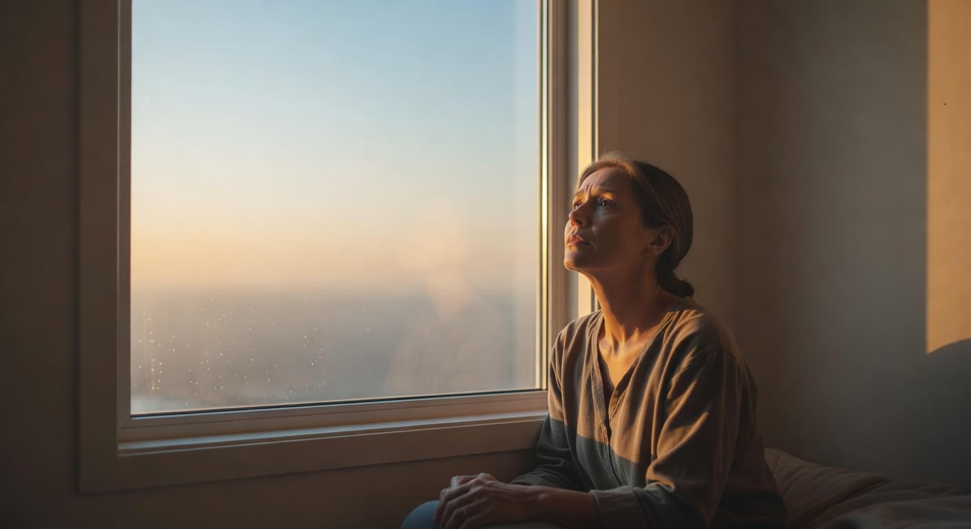 Persona sentada junto a una ventana con luz suave del amanecer entrando