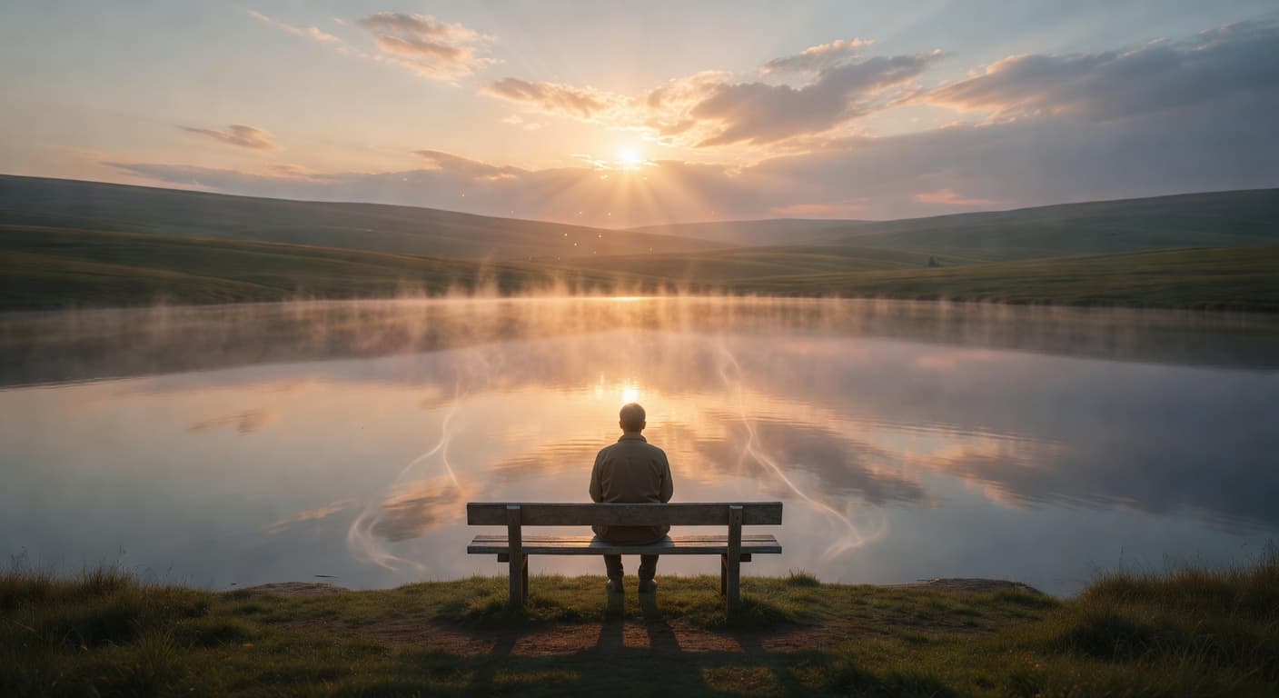 Persona contemplando un paisaje amplio desde una montaña al amanecer, rodeada de luz cálida