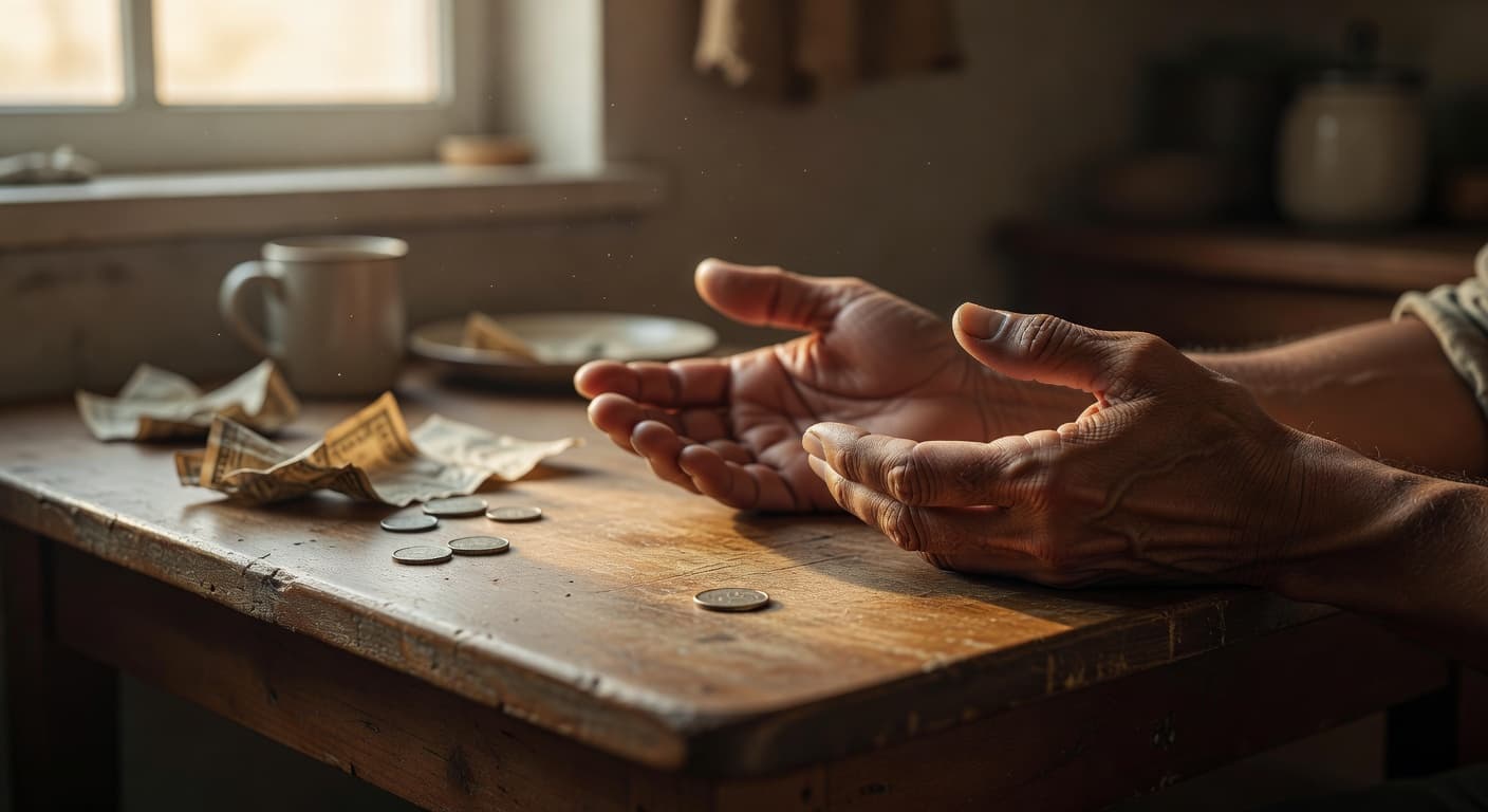 Manos abiertas sobre una mesa de madera con luz cálida entrando por una ventana, evocando esperanza en medio de la dificultad