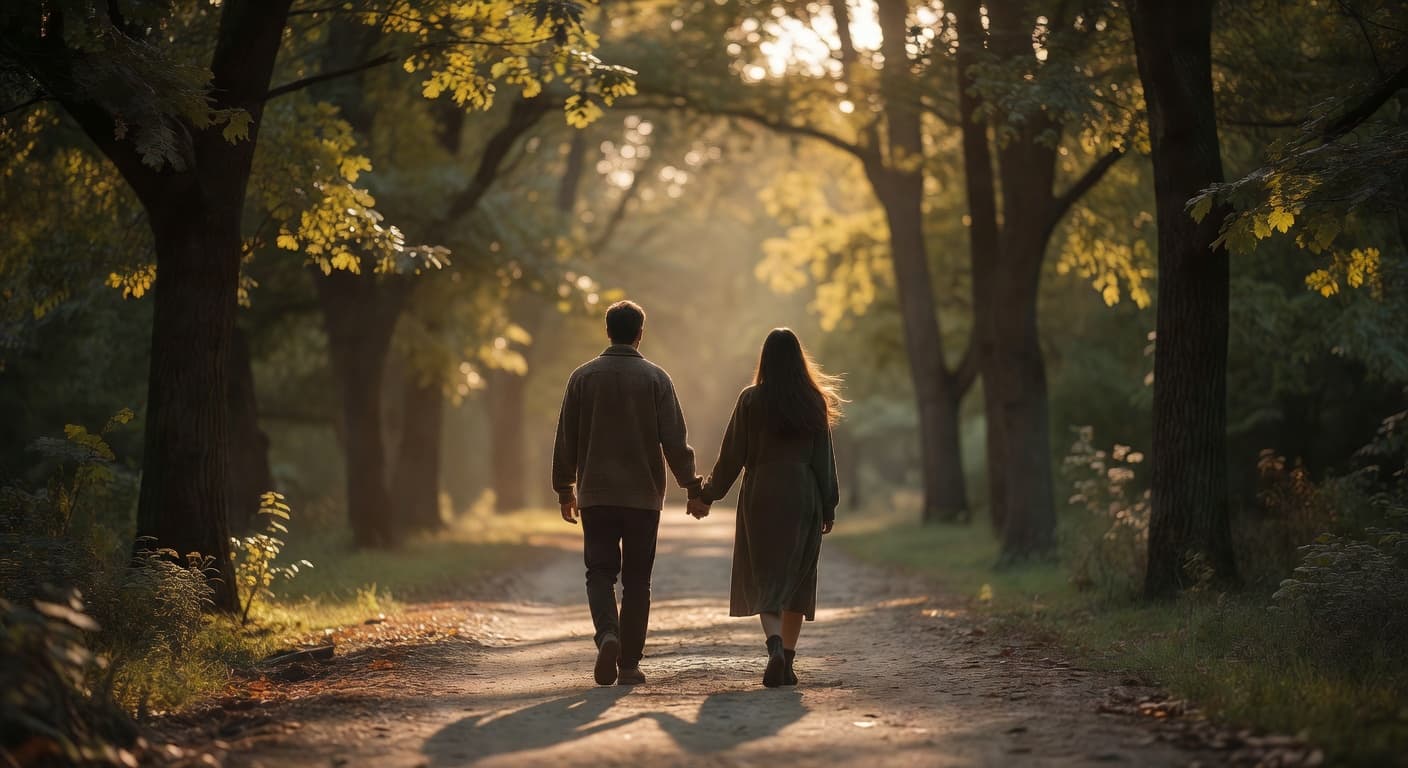 Dos personas tomadas de la mano caminando al atardecer con luz cálida dorada
