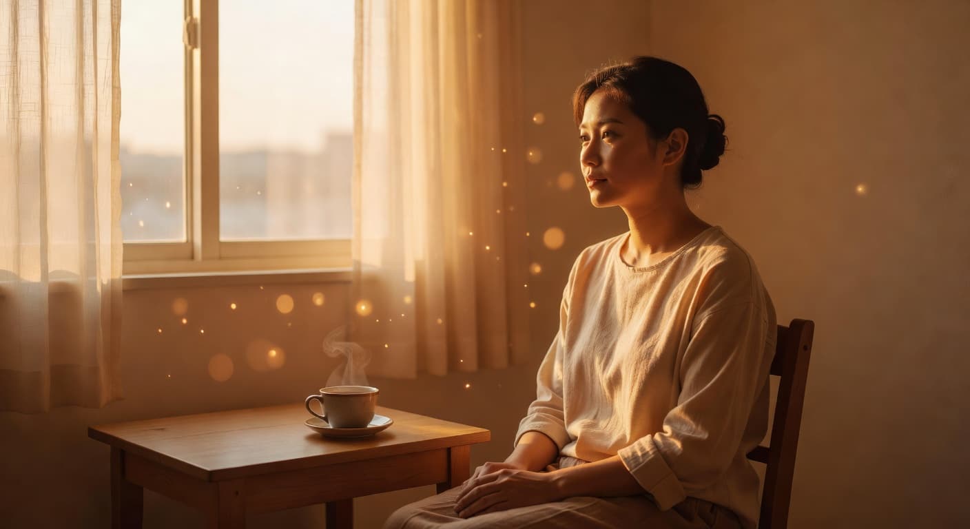 Persona sentada junto a una ventana con luz cálida del amanecer entrando suavemente