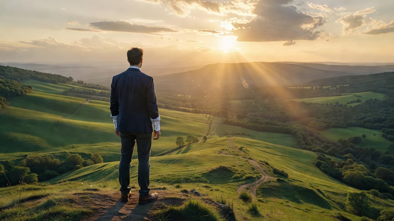 Persona mirando hacia el horizonte al amanecer desde un lugar elevado, evocando visión y propósito