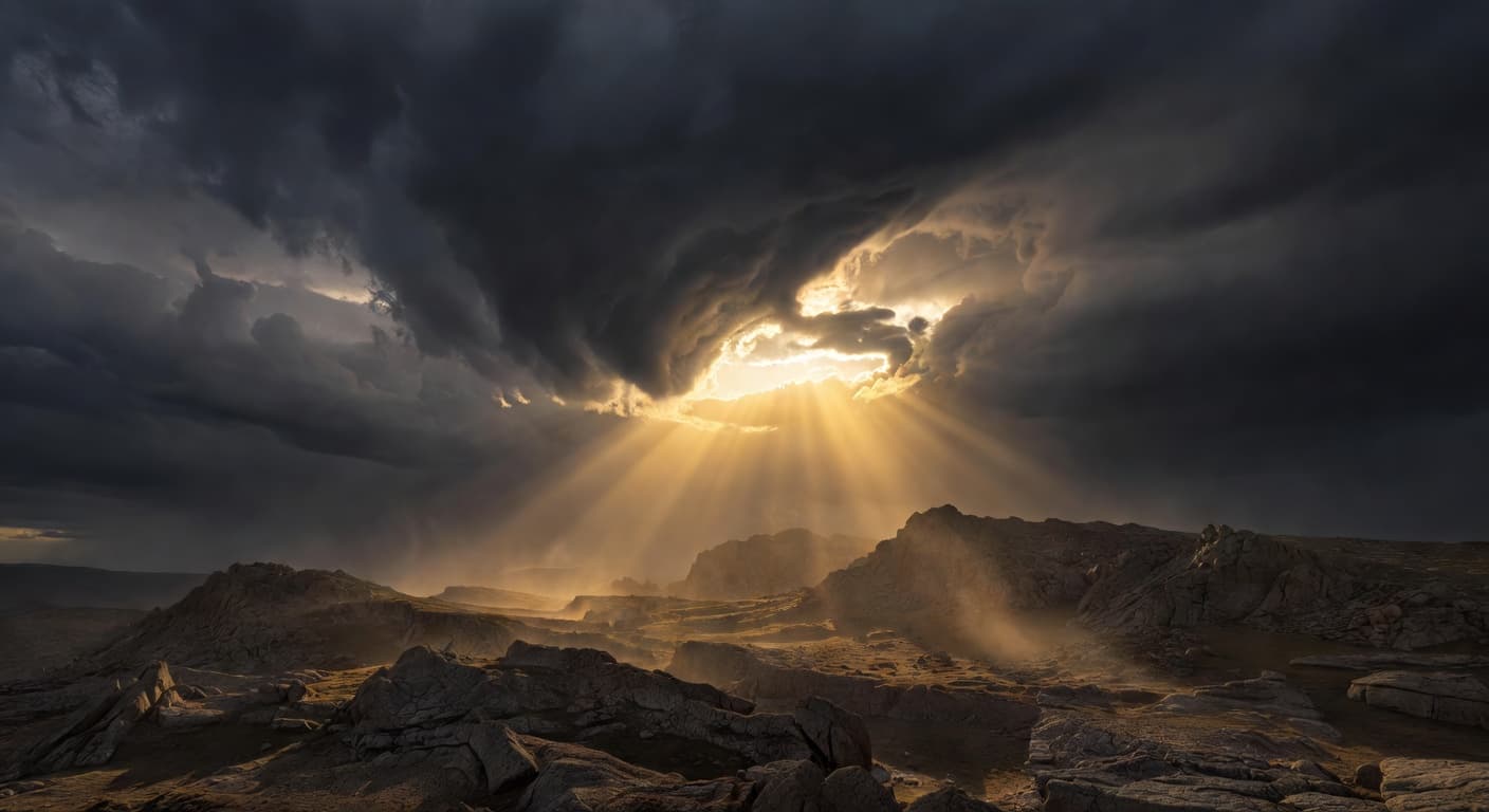 Amanecer dorado sobre un paisaje de colinas con luz cálida atravesando las nubes