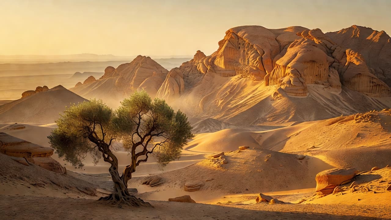 Paisaje desértico con montañas al amanecer que evoca las tierras bíblicas del Antiguo Testamento