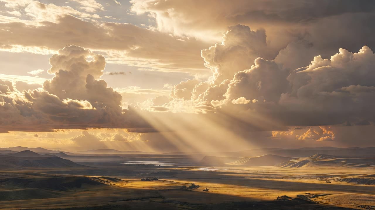 Rayos de luz dorada atravesando nubes en un cielo majestuoso que evoca la presencia celestial
