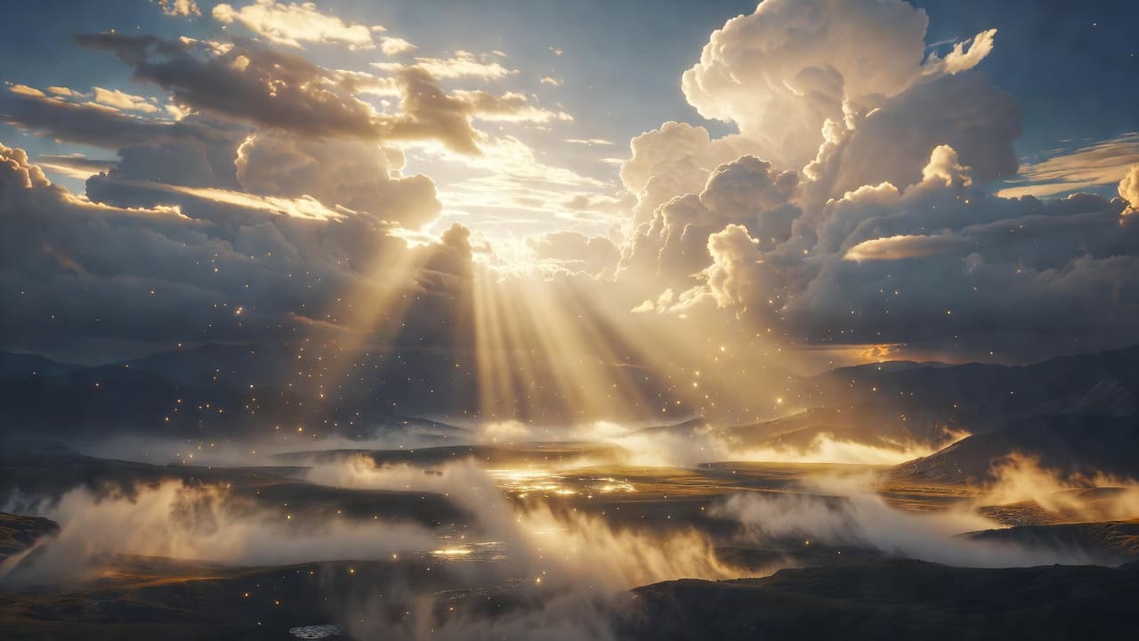 Escena luminosa que evoca la presencia de seres celestiales con rayos de luz dorada atravesando un cielo sereno