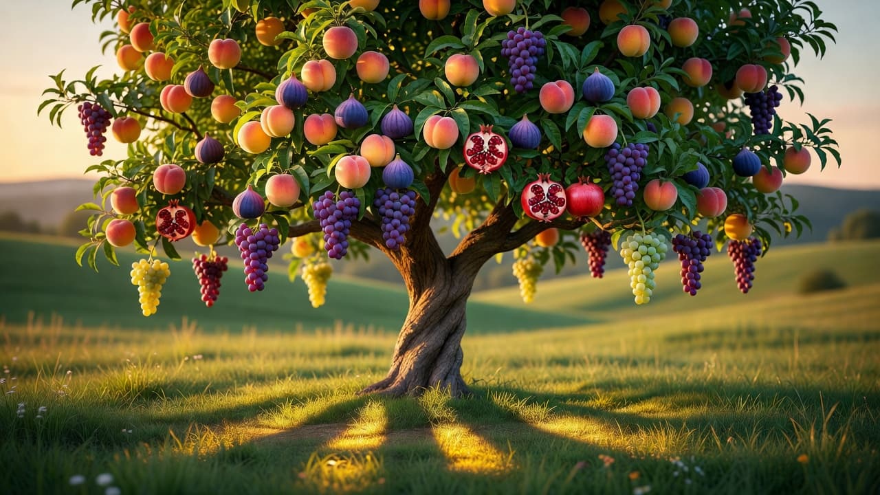 Árbol frondoso lleno de frutos variados bañado por luz dorada del atardecer, simbolizando los frutos del Espíritu Santo