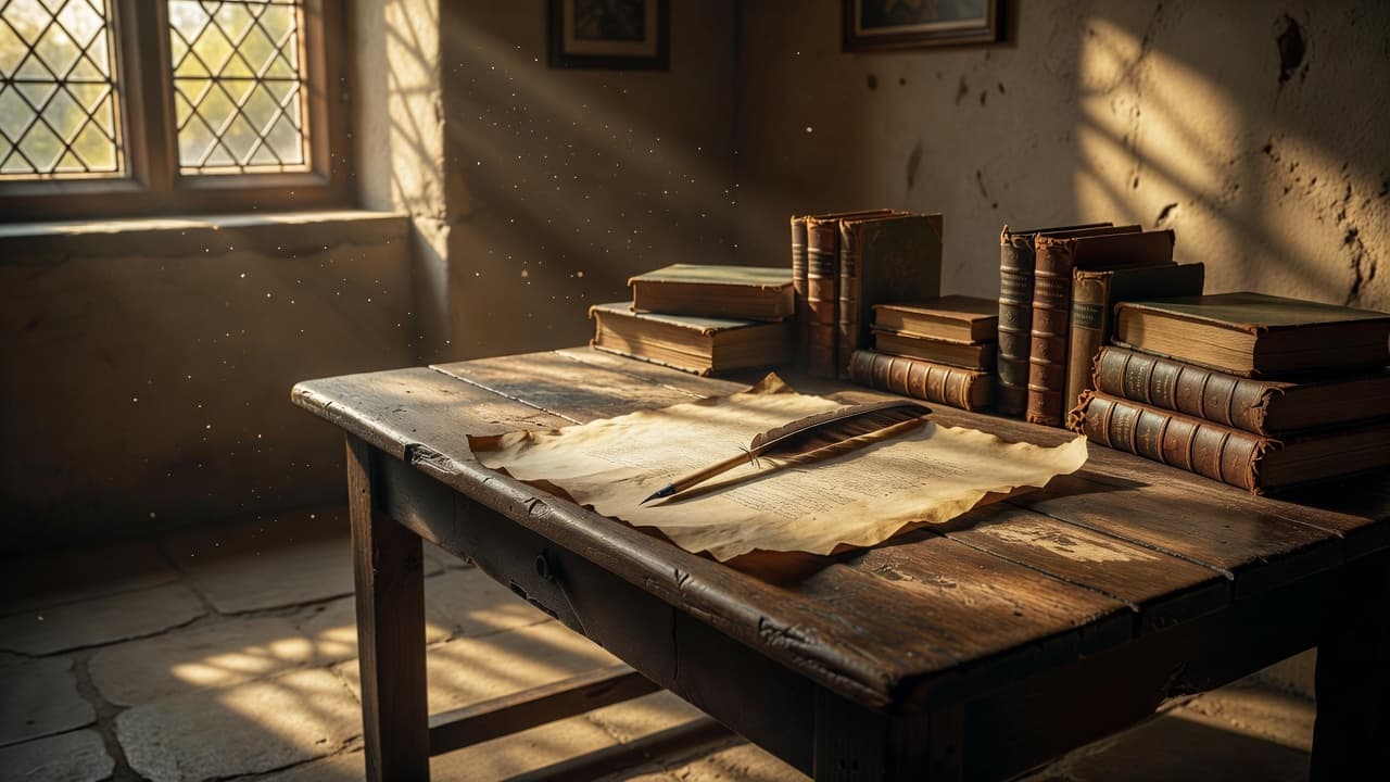 Luz cálida iluminando un escritorio antiguo con pluma y pergamino, evocando el trabajo de traducción histórica