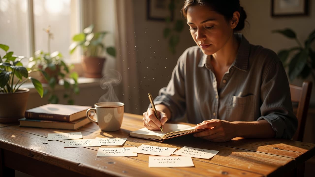 Persona sentada en un lugar tranquilo con luz cálida escribiendo notas en una libreta, rodeada de un ambiente sereno que evoca estudio y reflexión