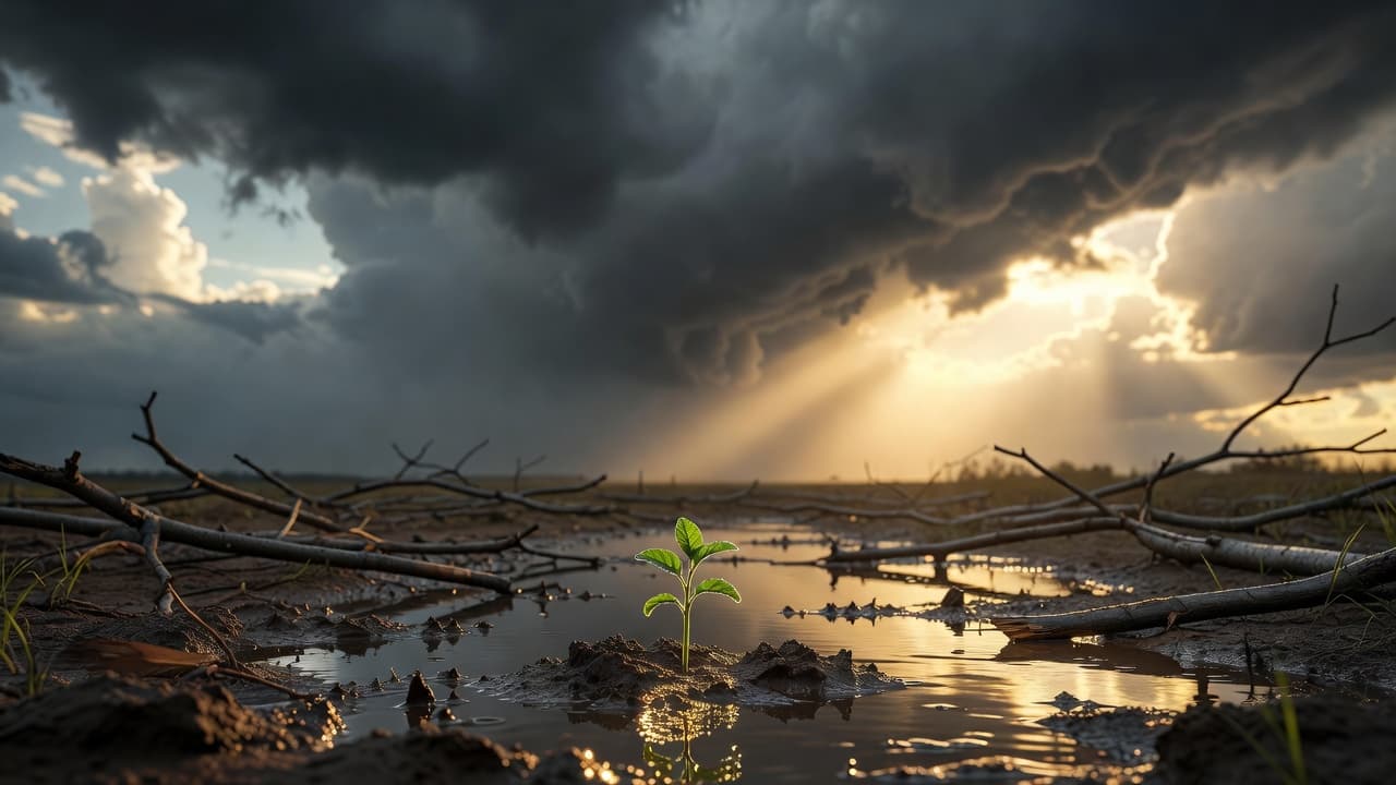 Rayos de sol atravesando nubes oscuras de tormenta sobre un paisaje devastado que empieza a reverdecer