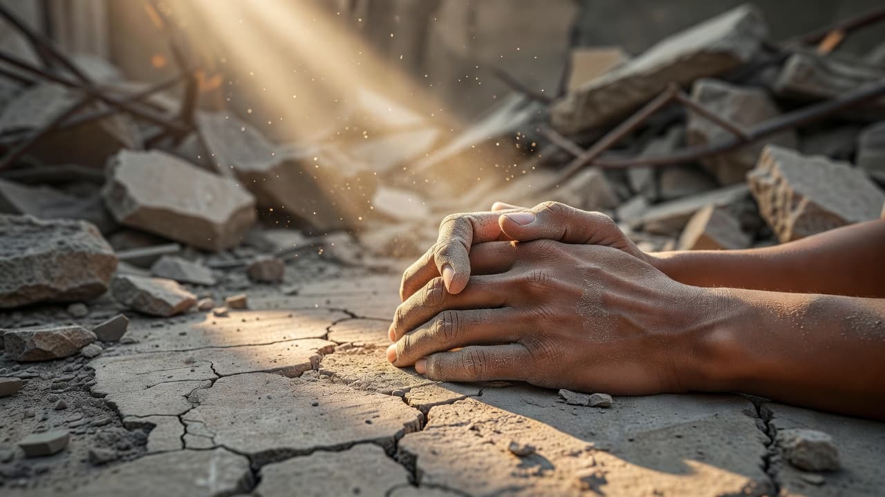 Manos unidas en medio de escombros mientras un rayo de luz cálida atraviesa el polvo, evocando esperanza después de un desastre