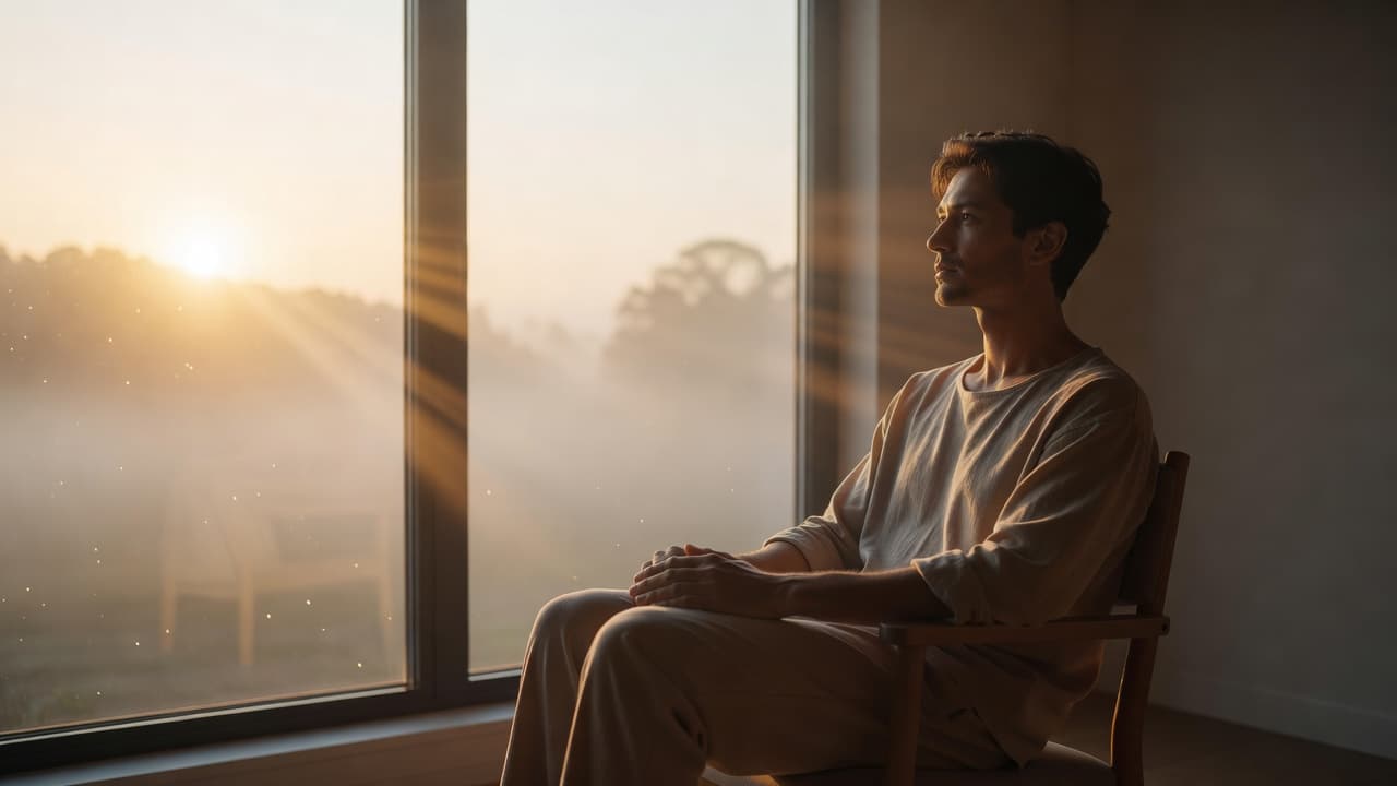 Persona en actitud serena con las manos juntas frente a una ventana iluminada por luz cálida del amanecer