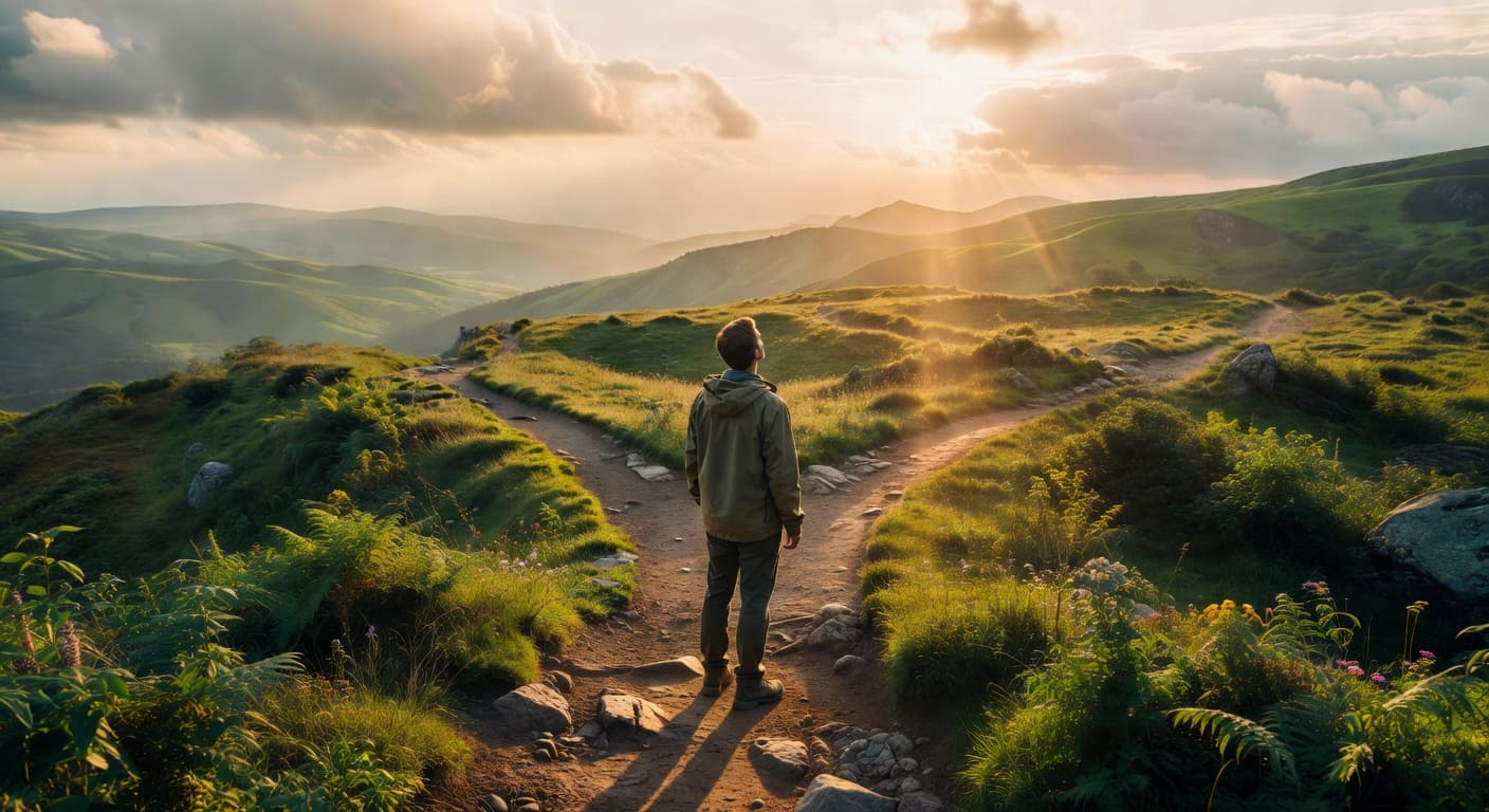 Persona caminando por un sendero entre montañas al amanecer con luz dorada