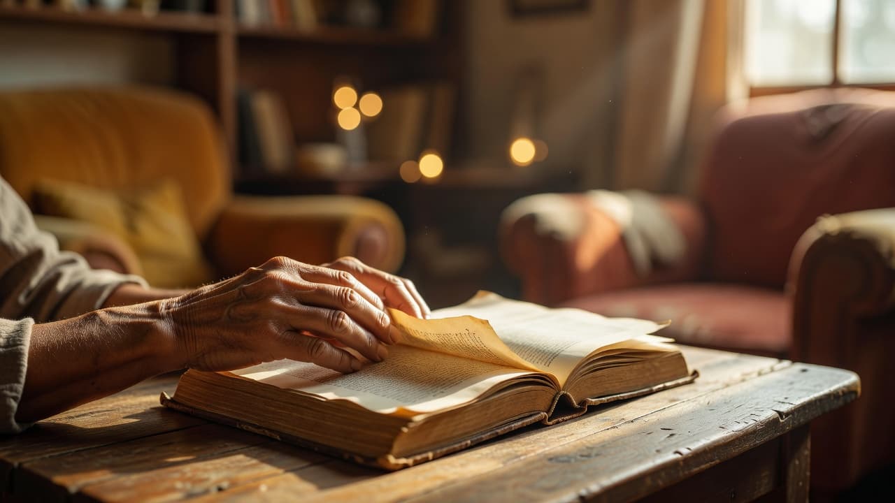Persona pasando las páginas de un libro antiguo con luz cálida entrando por una ventana