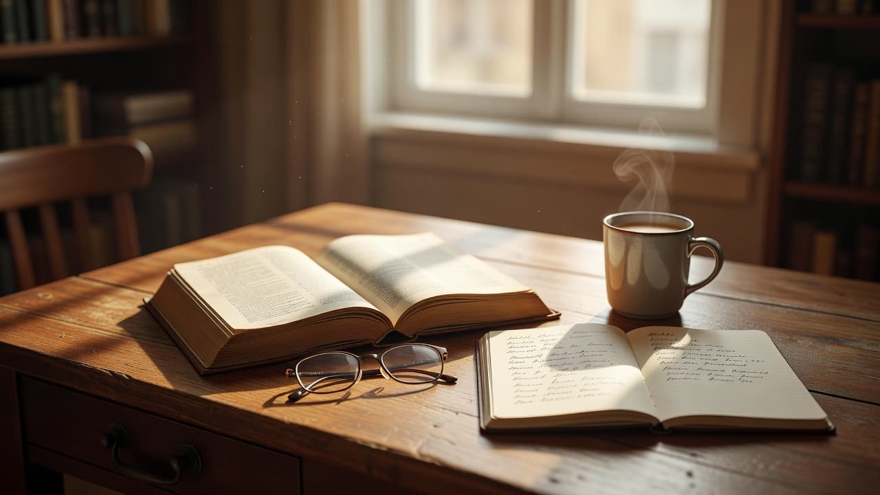 Persona estudiando con un libro abierto sobre una mesa de madera iluminada por luz natural