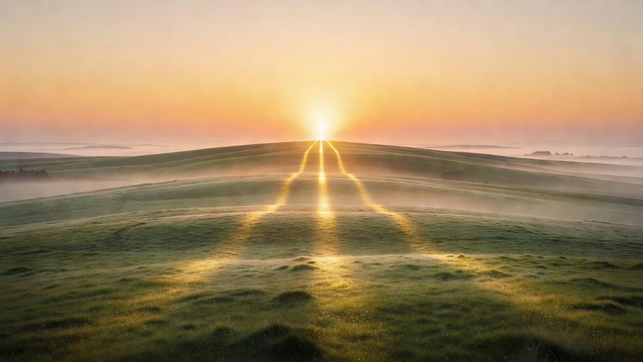Cuatro caminos de luz convergiendo en un mismo punto sobre un paisaje al amanecer, representando los cuatro libros esenciales de la Biblia