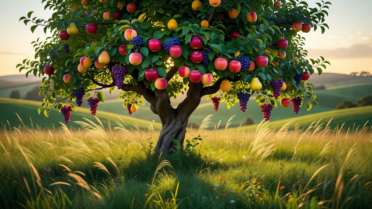 Escena cálida de un árbol frutal iluminado por la luz dorada del amanecer, evocando abundancia y crecimiento espiritual